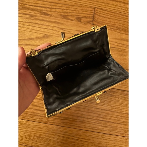 Vintage Black Bugle Bead Evening Bag Gold Kiss Lock Made in Hong Kong 1950s 60s